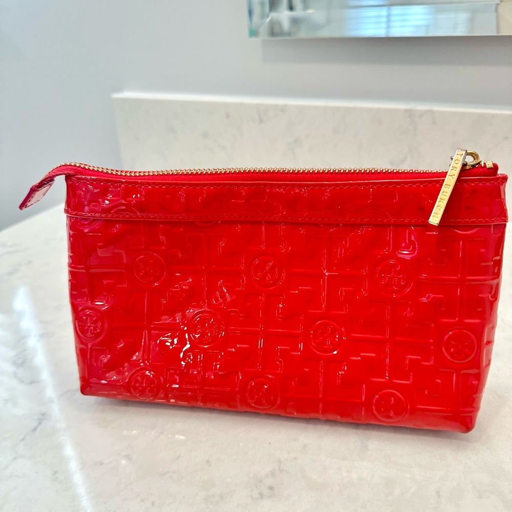 Tory Burch Glossy Red Cosmetic Bag with Gold Hardware, Embossed Classic Logo